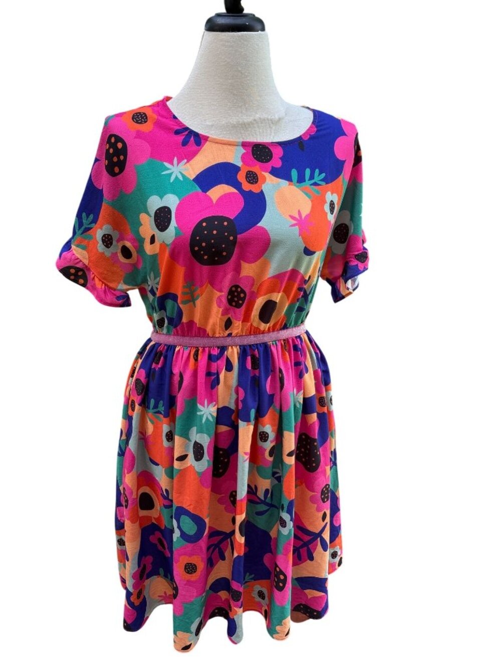 Colorful Light Summery Dress Floral Print Elastic Waist Short Sleeve Size 6